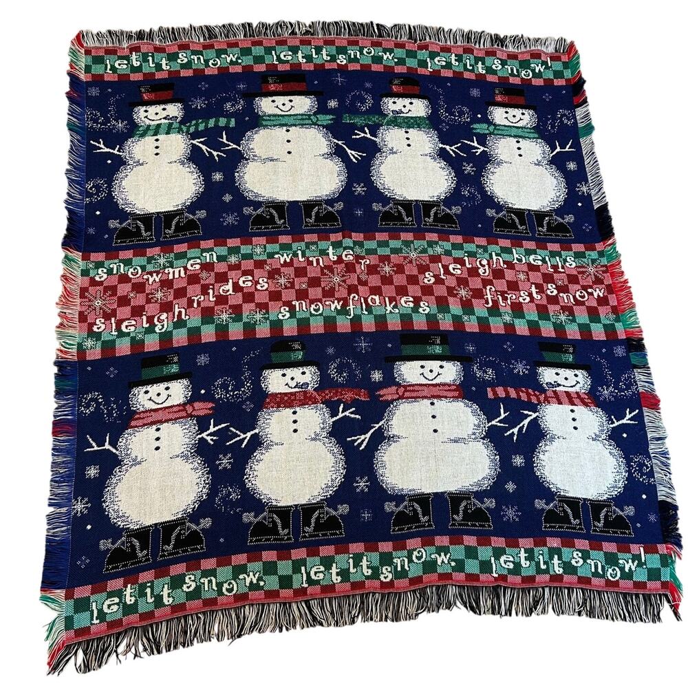 Vintage 90s Snowman Let It Snow Tapestry Throw Blanket Navy Fringe 60x50